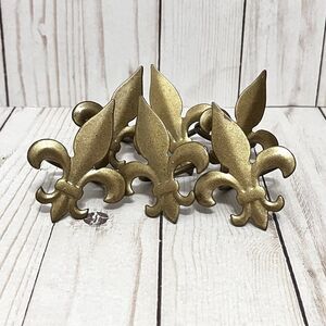 Set of 6 Fleur De Lis Golden Brass Tone Metal Napkin Ring Holders